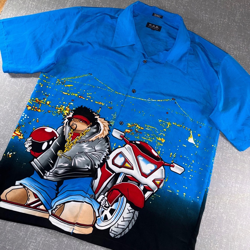 K.A.D. Clothing Co Mens XL Blue Graphic Button Up Shirt Y2K Motorcycle Cityscape